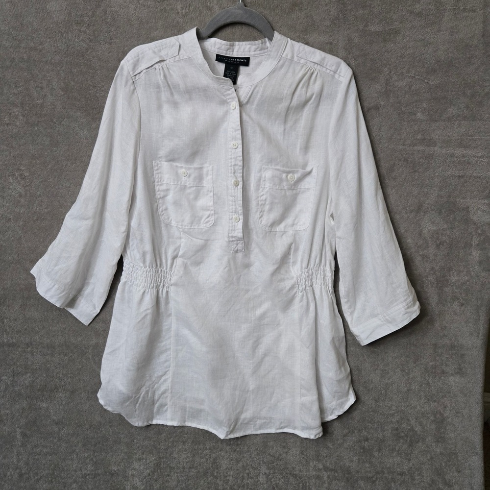 Grace Elements‎ Tunic Top Women 1X White 100% Linen Smocked Lagenlook Roll Tab